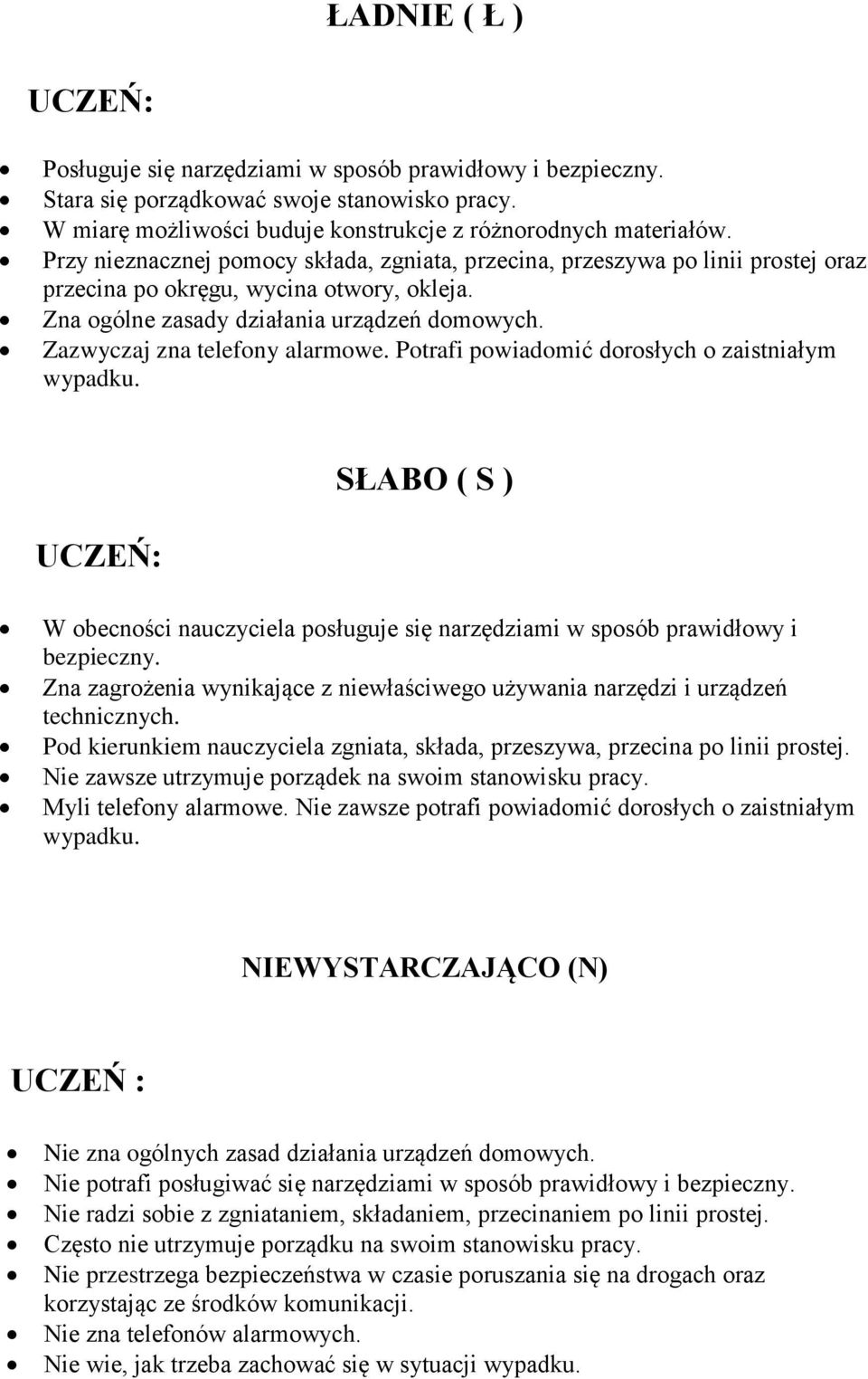 Zazwyczaj zna telefony alarmowe. Potrafi powiadomić dorosłych o zaistniałym wypadku. SŁABO ( S ) W obecności nauczyciela posługuje się narzędziami w sposób prawidłowy i bezpieczny.