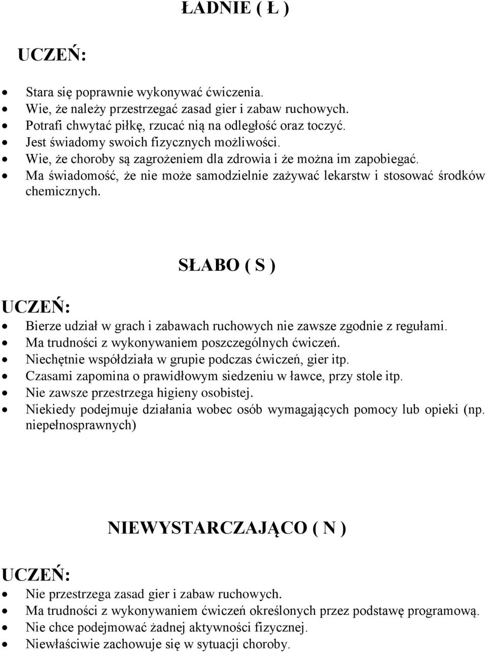 Ma świadomość, że nie może samodzielnie zażywać lekarstw i stosować środków chemicznych. SŁABO ( S ) Bierze udział w grach i zabawach ruchowych nie zawsze zgodnie z regułami.