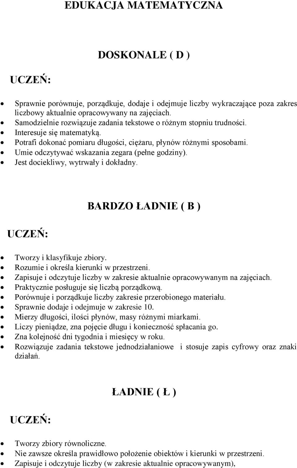 Umie odczytywać wskazania zegara (pełne godziny). Jest dociekliwy, wytrwały i dokładny. BARDZO ŁADNIE ( B ) Tworzy i klasyfikuje zbiory. Rozumie i określa kierunki w przestrzeni.