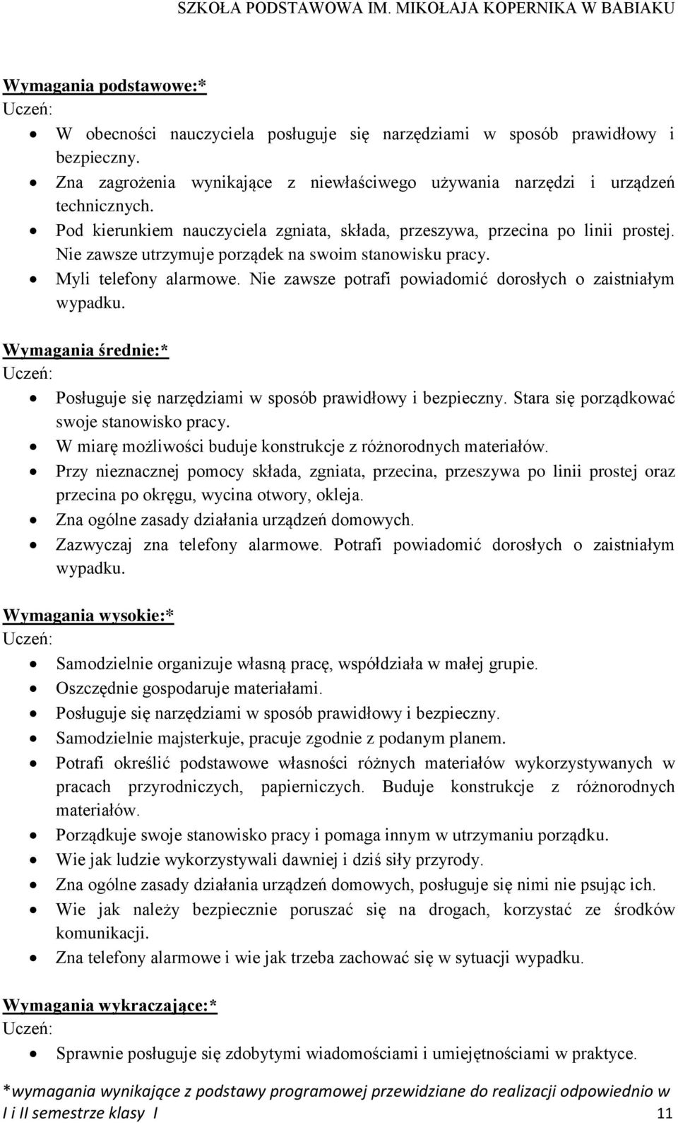 Nie zawsze potrafi powiadomić dorosłych o zaistniałym wypadku. Posługuje się narzędziami w sposób prawidłowy i bezpieczny. Stara się porządkować swoje stanowisko pracy.