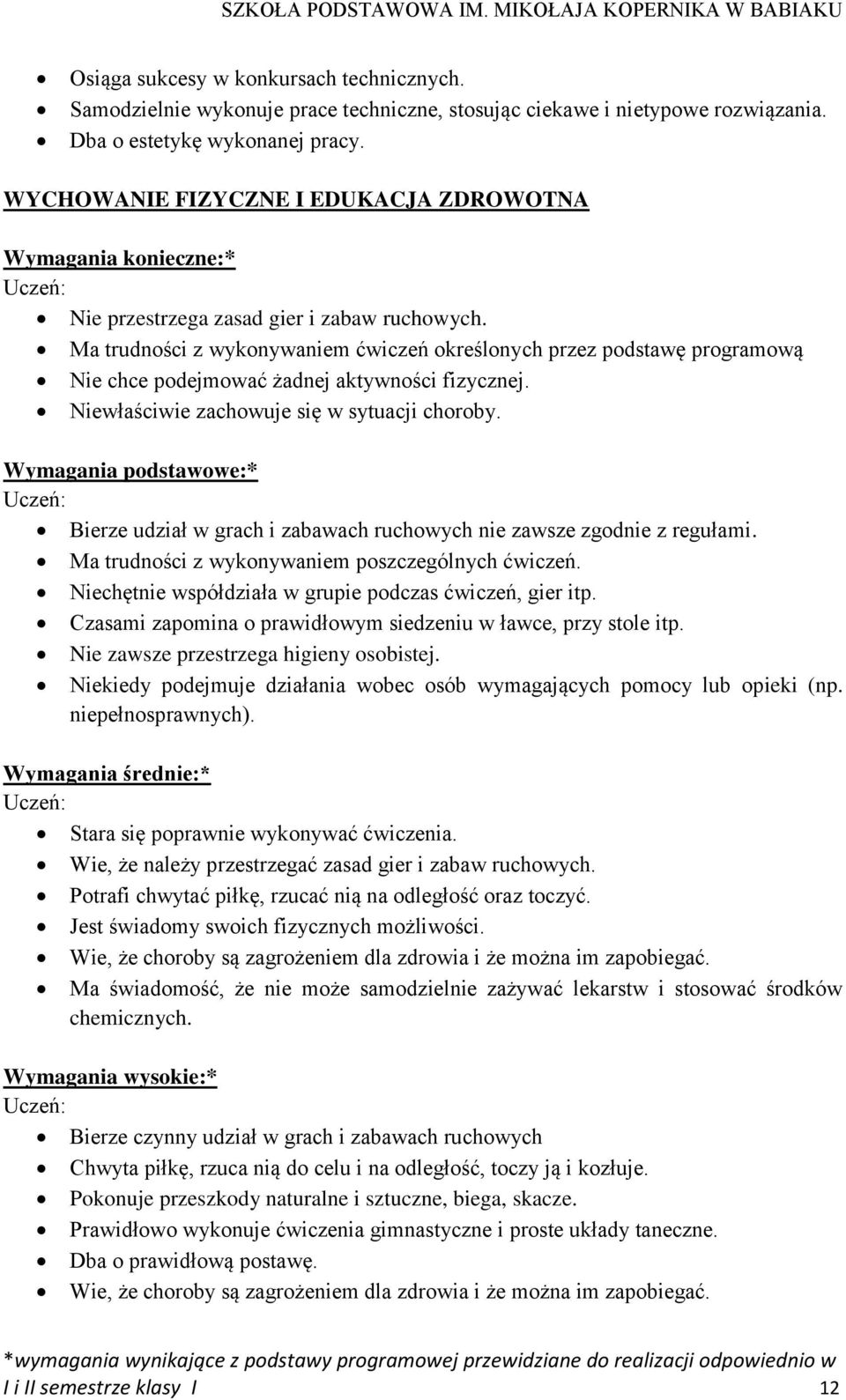 Ma trudności z wykonywaniem ćwiczeń określonych przez podstawę programową Nie chce podejmować żadnej aktywności fizycznej. Niewłaściwie zachowuje się w sytuacji choroby.