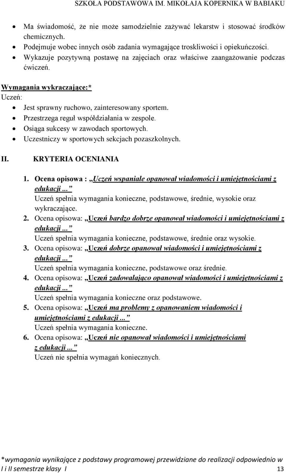 Osiąga sukcesy w zawodach sportowych. Uczestniczy w sportowych sekcjach pozaszkolnych. II. KRYTERIA OCENIANIA 1. Ocena opisowa : Uczeń wspaniale opanował wiadomości i umiejętnościami z edukacji.
