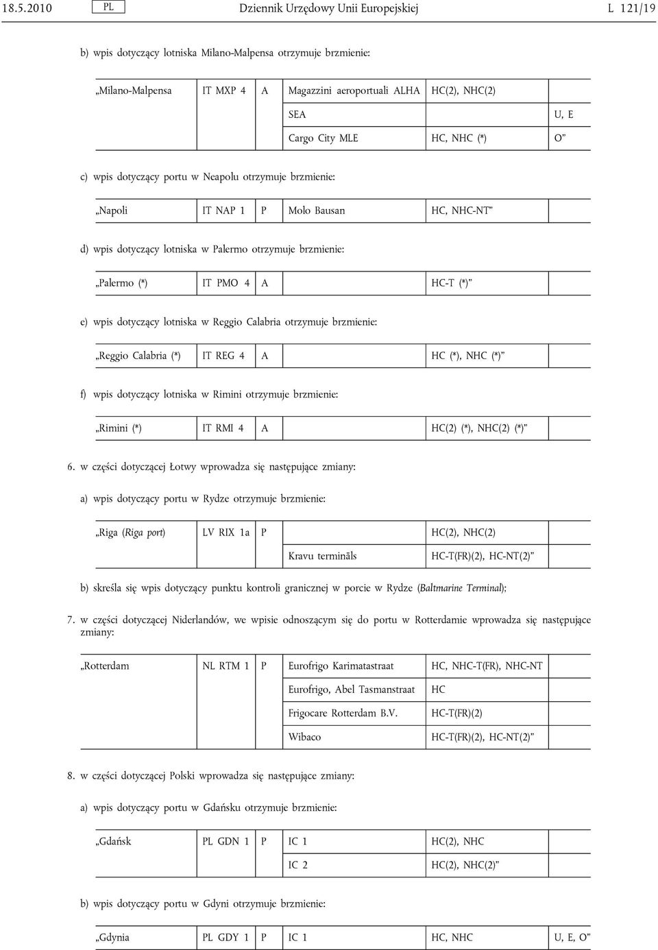 PMO 4 A HC-T (*) e) wpis dotyczący lotniska w Reggio Calabria otrzymuje brzmienie: Reggio Calabria (*) IT REG 4 A HC (*), NHC (*) f) wpis dotyczący lotniska w Rimini otrzymuje brzmienie: Rimini (*)