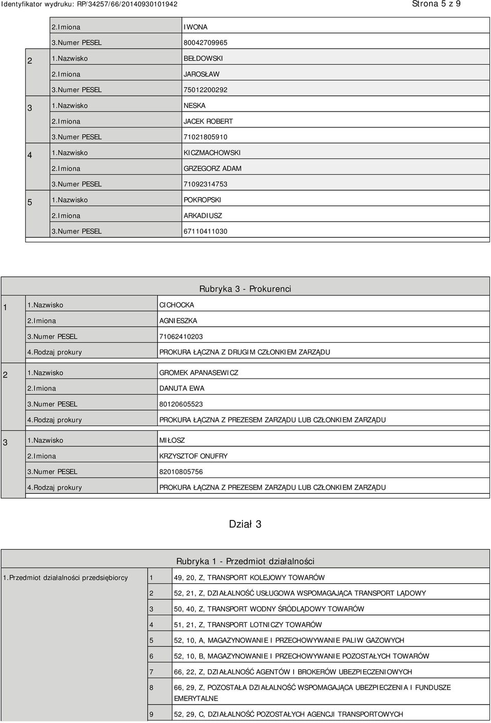 Numer PESEL 71062410203 4.Rodzaj prokury PROKURA ŁĄCZNA Z DRUGIM CZŁONKIEM ZARZĄDU 2 1.Nazwisko GROMEK APANASEWICZ DANUTA EWA 3.Numer PESEL 80120605523 4.