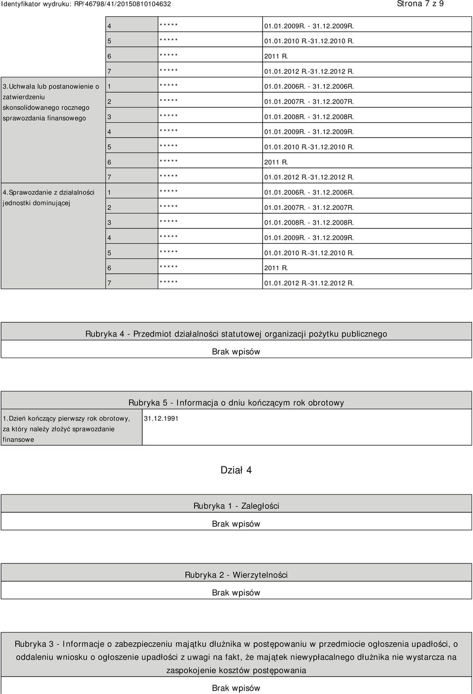 -31.12.2012 R. 4.Sprawozdanie z działalności jednostki dominującej 1 ***** 01.-31.12.2012 R. Rubryka 4 - Przedmiot działalności statutowej organizacji pożytku publicznego Rubryka 5 - Informacja o dniu kończącym rok obrotowy 1.