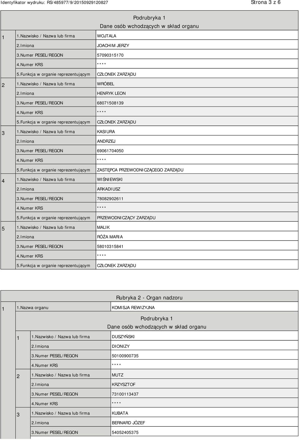 Numer PESEL/REGON 69061704050 ZASTĘPCA PRZEWODNICZĄCEGO ZARZĄDU 4 1.Nazwisko / Nazwa lub firma WIŚNIEWSKI ARKADIUSZ 3.Numer PESEL/REGON 78082902611 PRZEWODNICZĄCY ZARZĄDU 5 1.