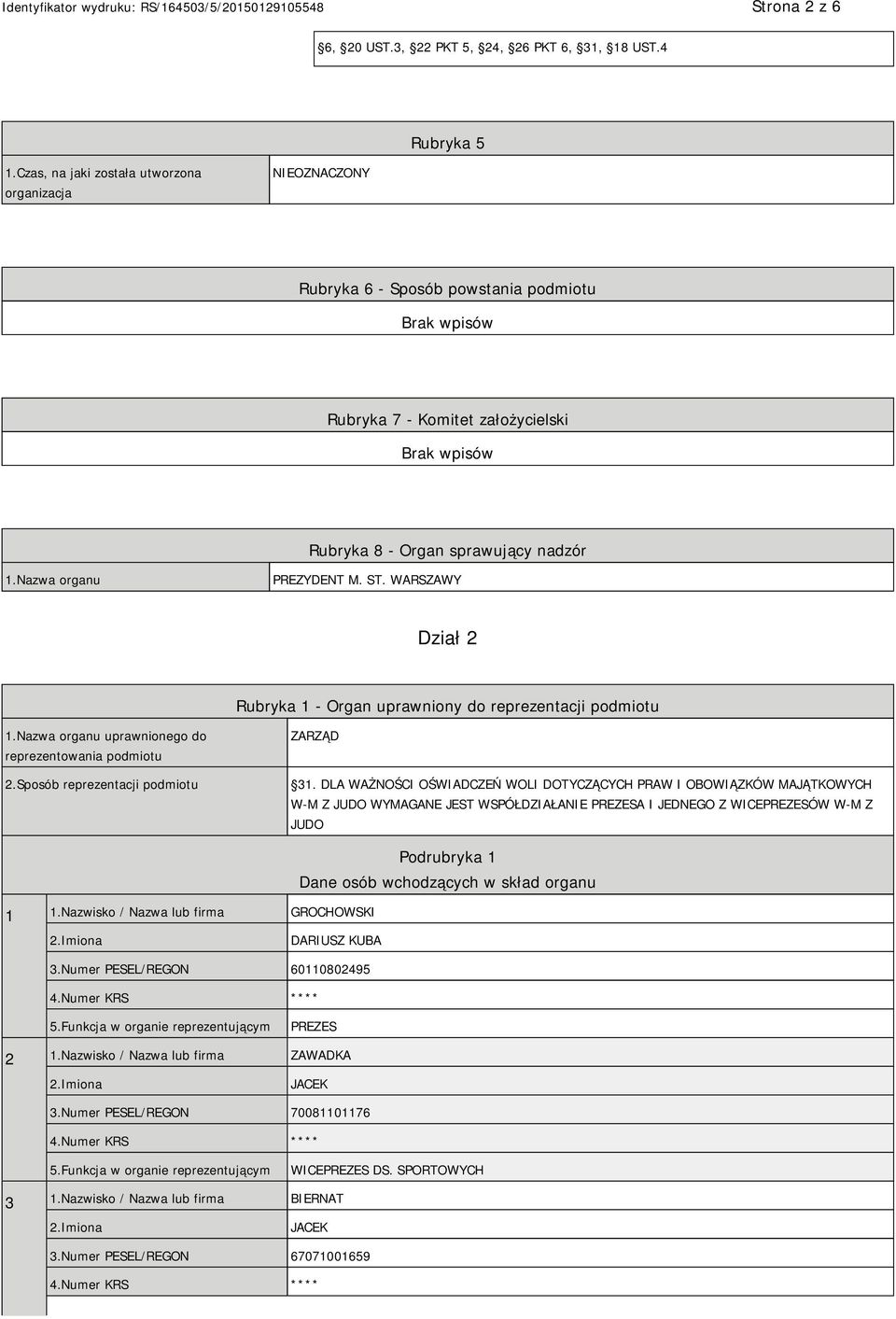 WARSZAWY Dział 2 Rubryka 1 - Organ uprawniony do reprezentacji podmiotu 1.Nazwa organu uprawnionego do reprezentowania podmiotu 2.Sposób reprezentacji podmiotu ZARZĄD 31.