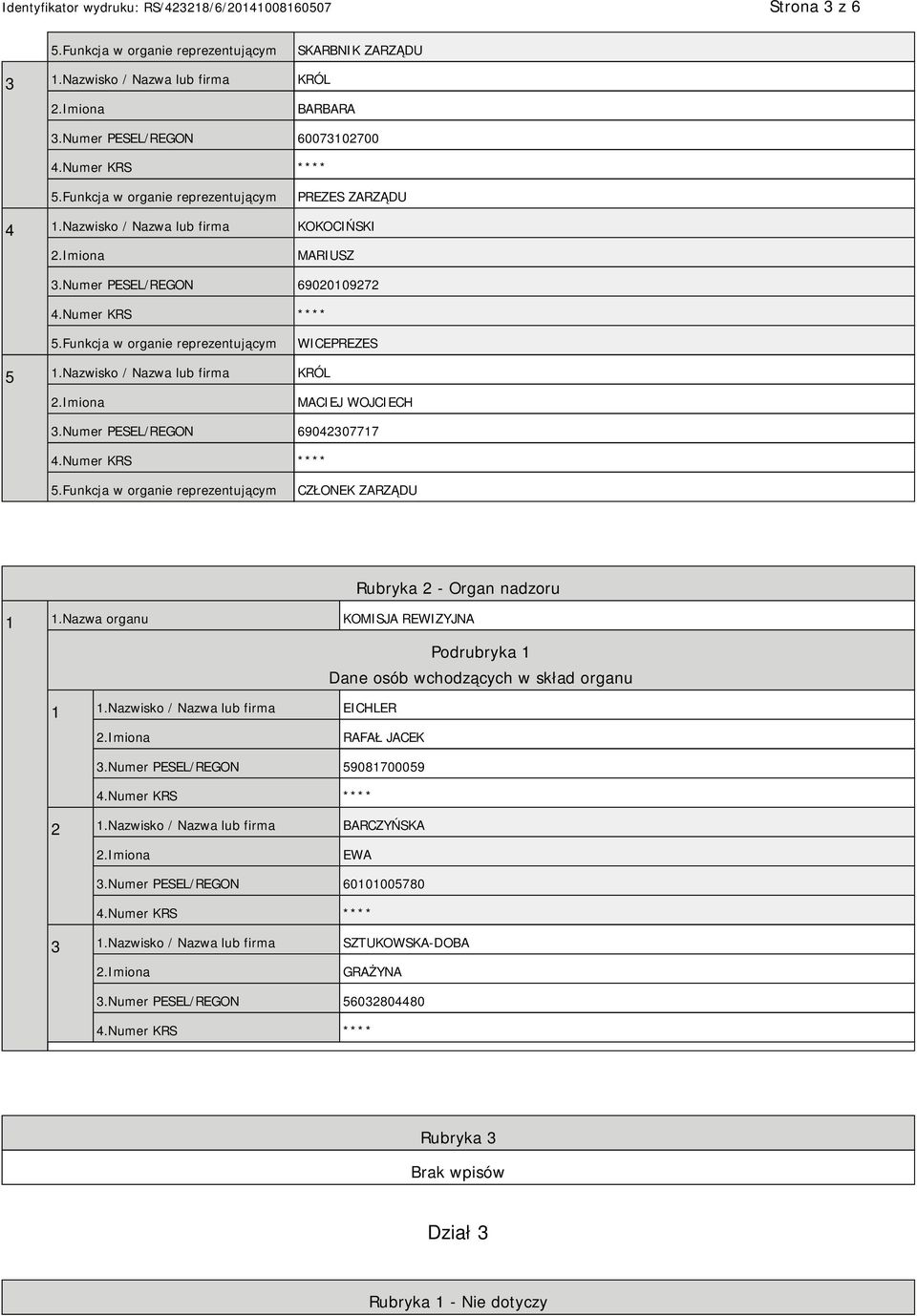 Nazwa organu KOMISJA REWIZYJNA Podrubryka 1 Dane osób wchodzących w skład organu 1 1.Nazwisko / Nazwa lub firma EICHLER RAFAŁ JACEK 3.Numer PESEL/REGON 59081700059 2 1.