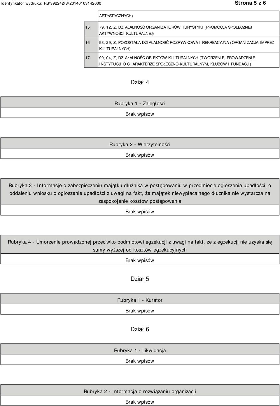 2 - Wierzytelności Rubryka 3 - Informacje o zabezpieczeniu majątku dłużnika w postępowaniu w przedmiocie ogłoszenia upadłości, o oddaleniu wniosku o ogłoszenie upadłości z uwagi na fakt, że majątek