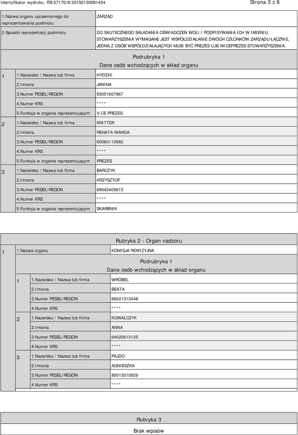 WSPÓŁDZIAŁAJĄCYCH MUSI BYĆ PREZES LUB WICEPREZES STOWARZYSZENIA. 1 1.Nazwisko / Nazwa lub firma HYDZIK Podrubryka 1 Dane osób wchodzących w skład organu JANINA 3.Numer PESEL/REGON 55051607867 5.