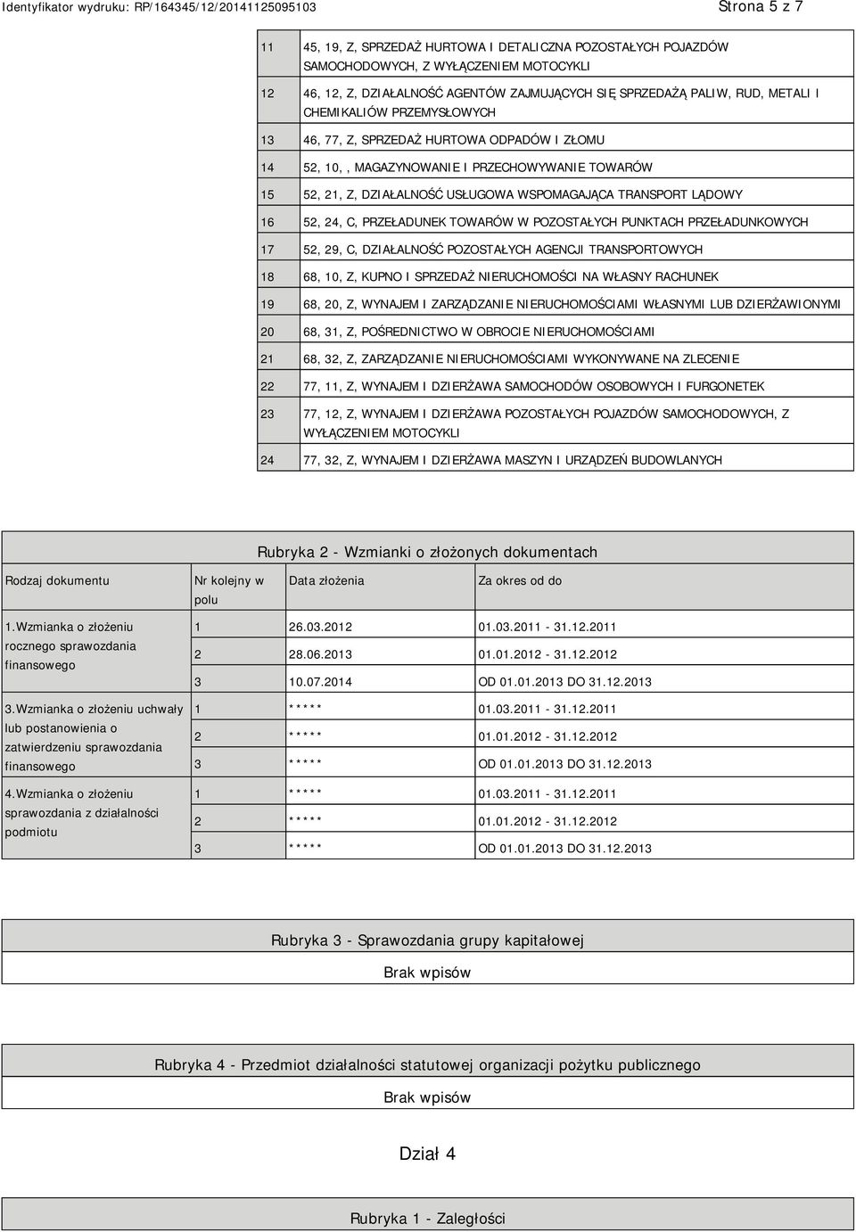 PRZEŁADUNEK TOWARÓW W POZOSTAŁYCH PUNKTACH PRZEŁADUNKOWYCH 17 52, 29, C, DZIAŁALNOŚĆ POZOSTAŁYCH AGENCJI TRANSPORTOWYCH 18 68, 10, Z, KUPNO I SPRZEDAŻ RUCHOMOŚCI NA WŁASNY RACHUNEK 19 68, 20, Z,