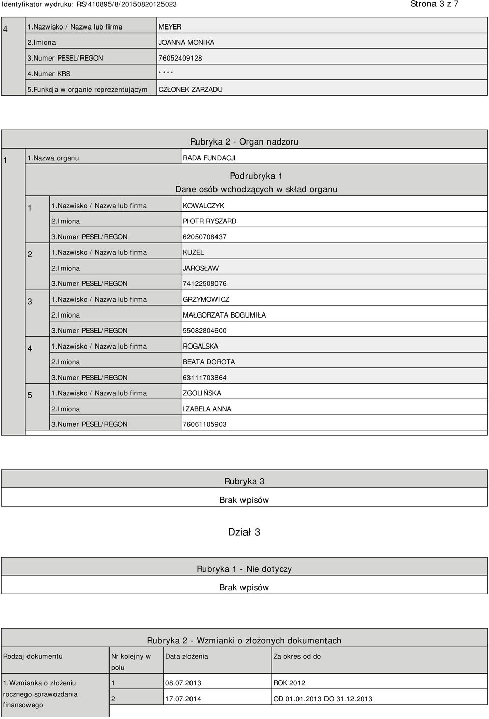 Nazwisko / Nazwa lub firma KUZEL JAROSŁAW 3.Numer PESEL/REGON 74122508076 3 1.Nazwisko / Nazwa lub firma GRZYMOWICZ MAŁGORZATA BOGUMIŁA 3.Numer PESEL/REGON 55082804600 4 1.