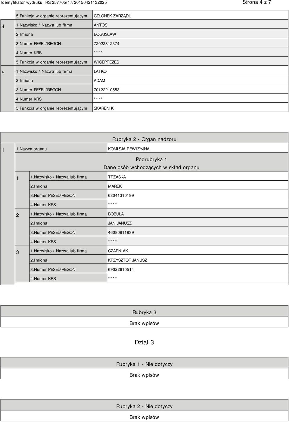 Nazwa organu KOMISJA REWIZYJNA Podrubryka 1 Dane osób wchodzących w skład organu 1 1.Nazwisko / Nazwa lub firma TRZASKA MAREK 3.