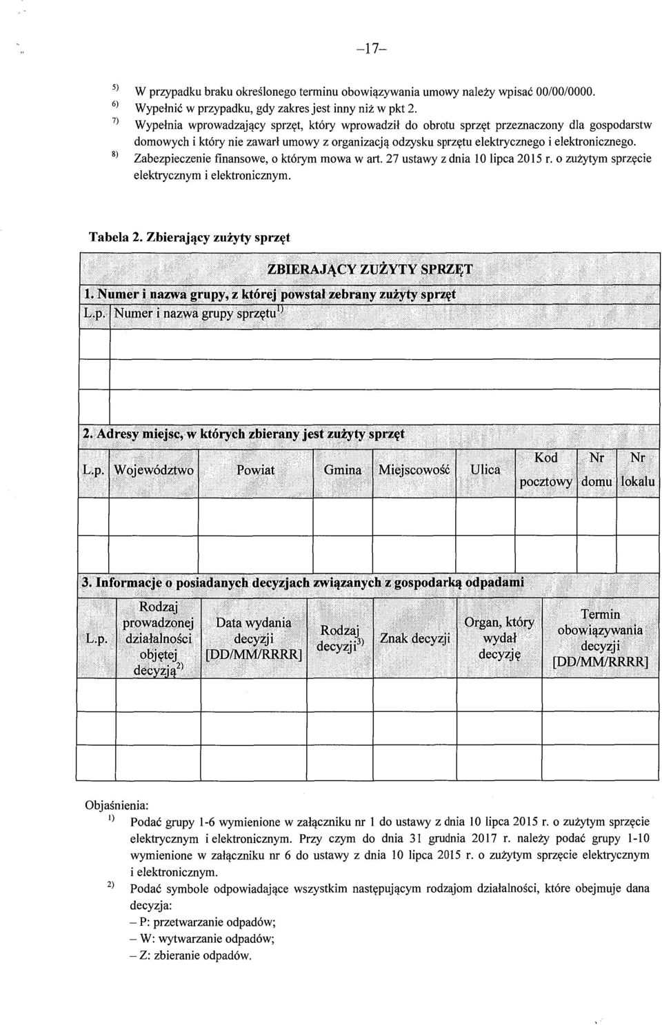 8) Zabezpieczenie finansowe, o którym mowa w a rt. 27 ustawy z dnia 10 lipca 2015 r. o zu żytym sprz ęcie elektrycznym i elektronicznym. Tabela 2. Zbieraj ący zużyty sprzęt ZBIERAJĄCY ZUŻYTY SPRZĘT 1.