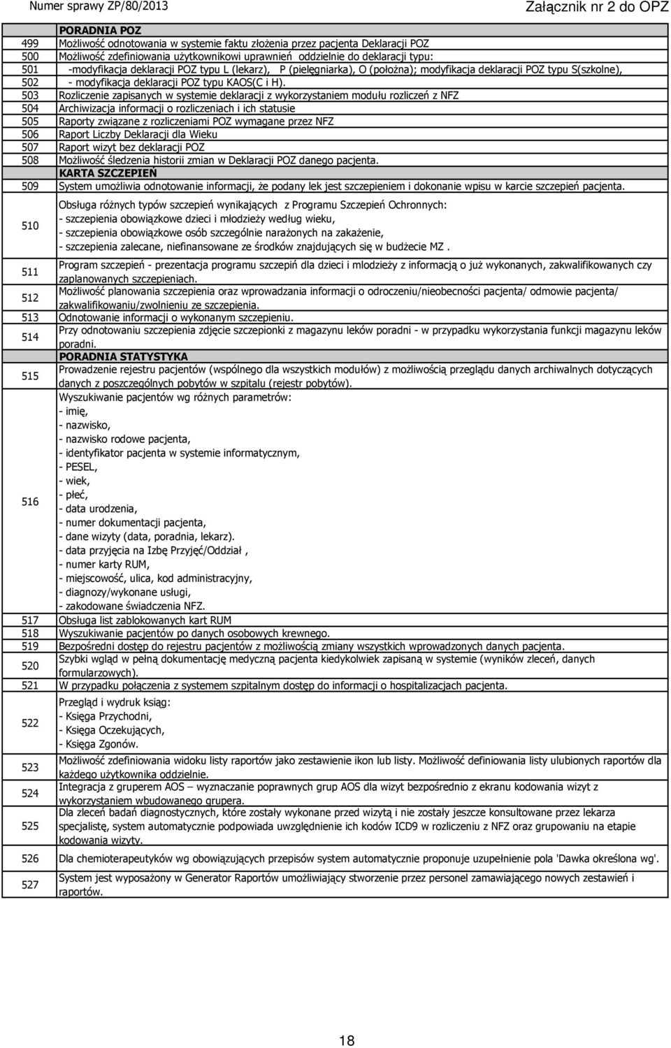 503 Rozliczenie zapisanych w systemie deklaracji z wykorzystaniem modułu rozliczeń z NFZ 504 Archiwizacja informacji o rozliczeniach i ich statusie 505 Raporty związane z rozliczeniami POZ wymagane
