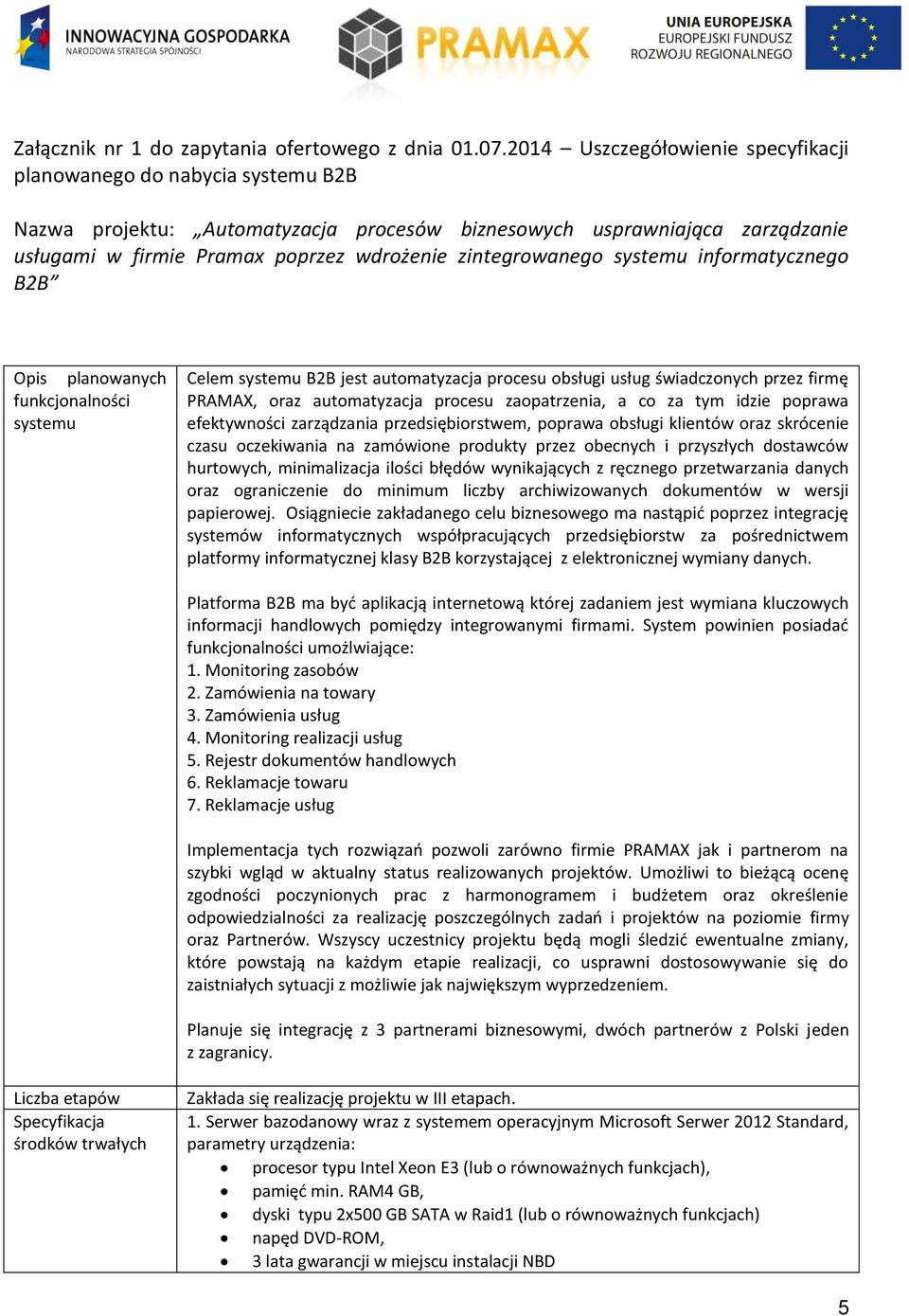 zintegrowanego systemu informatycznego B2B Opis planowanych funkcjonalności systemu Celem systemu B2B jest automatyzacja procesu obsługi usług świadczonych przez firmę PRAMAX, oraz automatyzacja