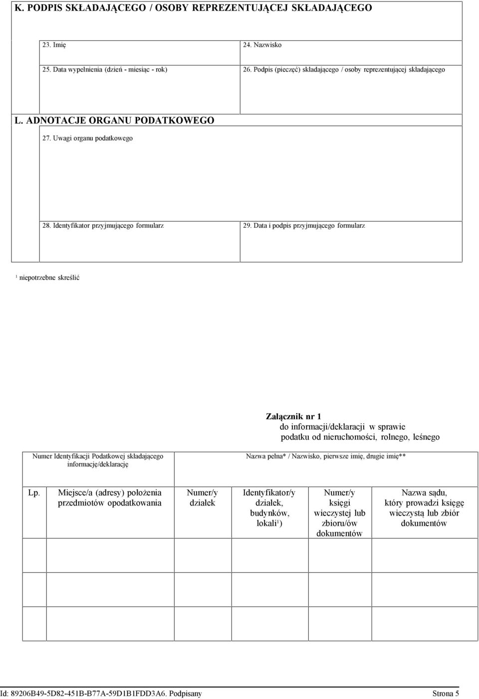 Data i podpis przyjmującego formularz ¹ niepotrzebne skreślić Załącznik nr 1 do informacji/deklaracji w sprawie podatku od nieruchomości rolnego leśnego Numer Identyfikacji Podatkowej składającego