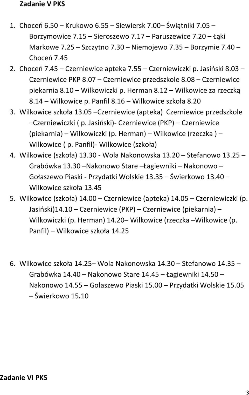 14 Wilkowice p. Panfil 8.16 Wilkowice szkoła 8.20 3. Wilkowice szkoła 13.05 Czerniewice (apteka) Czerniewice przedszkole Czerniewiczki ( p.