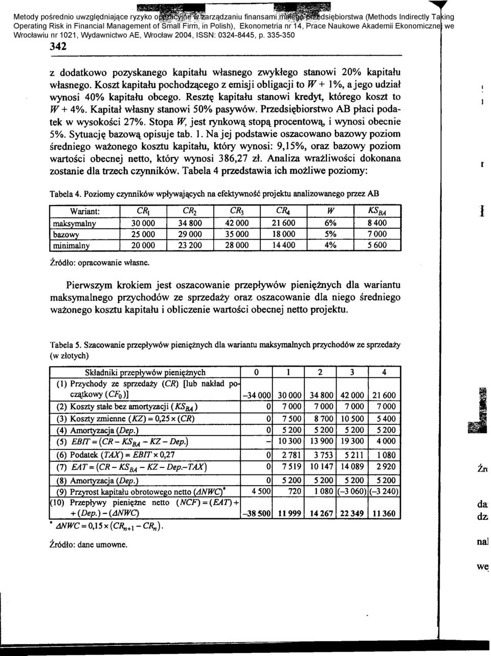 Przedsi~biorstwo AD placi podatek w wysokosci 27%. Stopa W; jest rynkow~ stop~ procentowl\, i wynosi obecnie 5%. Sytuacj~ bazow~ opisuje tab. 1.