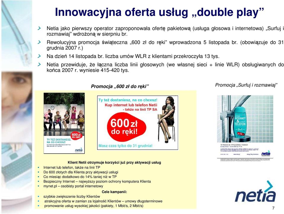 Netia przewiduje, że łączna liczba linii głosowych (we własnej sieci + linie WLR) obsługiwanych do końca 27 r. wyniesie 415-42 tys.