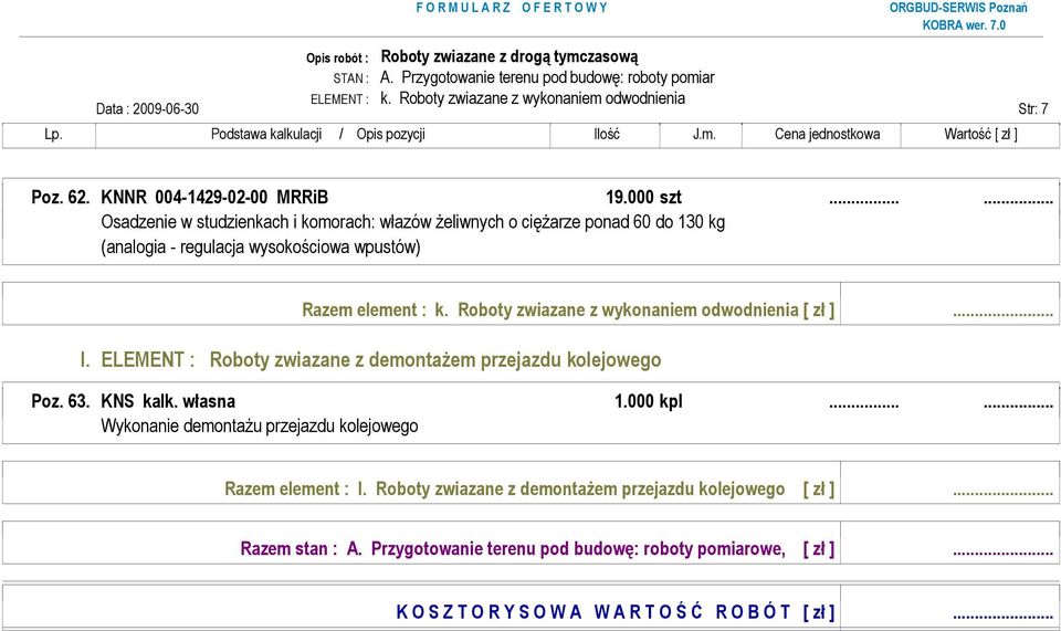 Roboty zwiazane z wykonaniem odwodnienia [ zł ]... l. ELEMENT : Roboty zwiazane z demontaŝem przejazdu kolejowego Poz. 63. KNS kalk. własna 1.000 kpl.