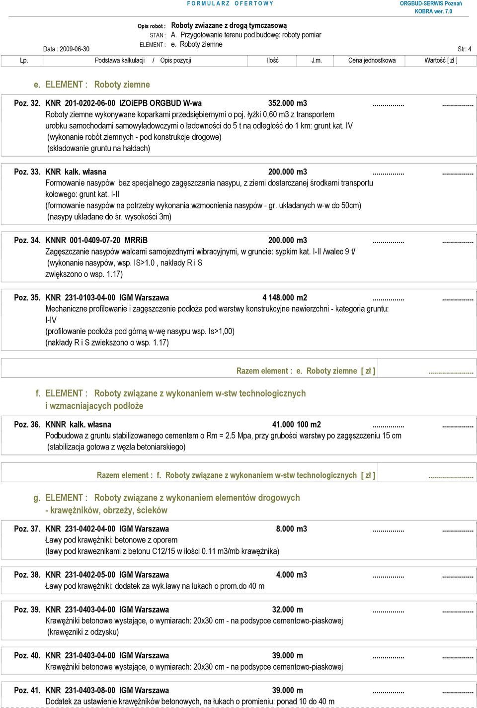 IV (wykonanie robót ziemnych - pod konstrukcje drogowe) (składowanie gruntu na hałdach) Poz. 33. KNR kalk. własna 200.000 m3.