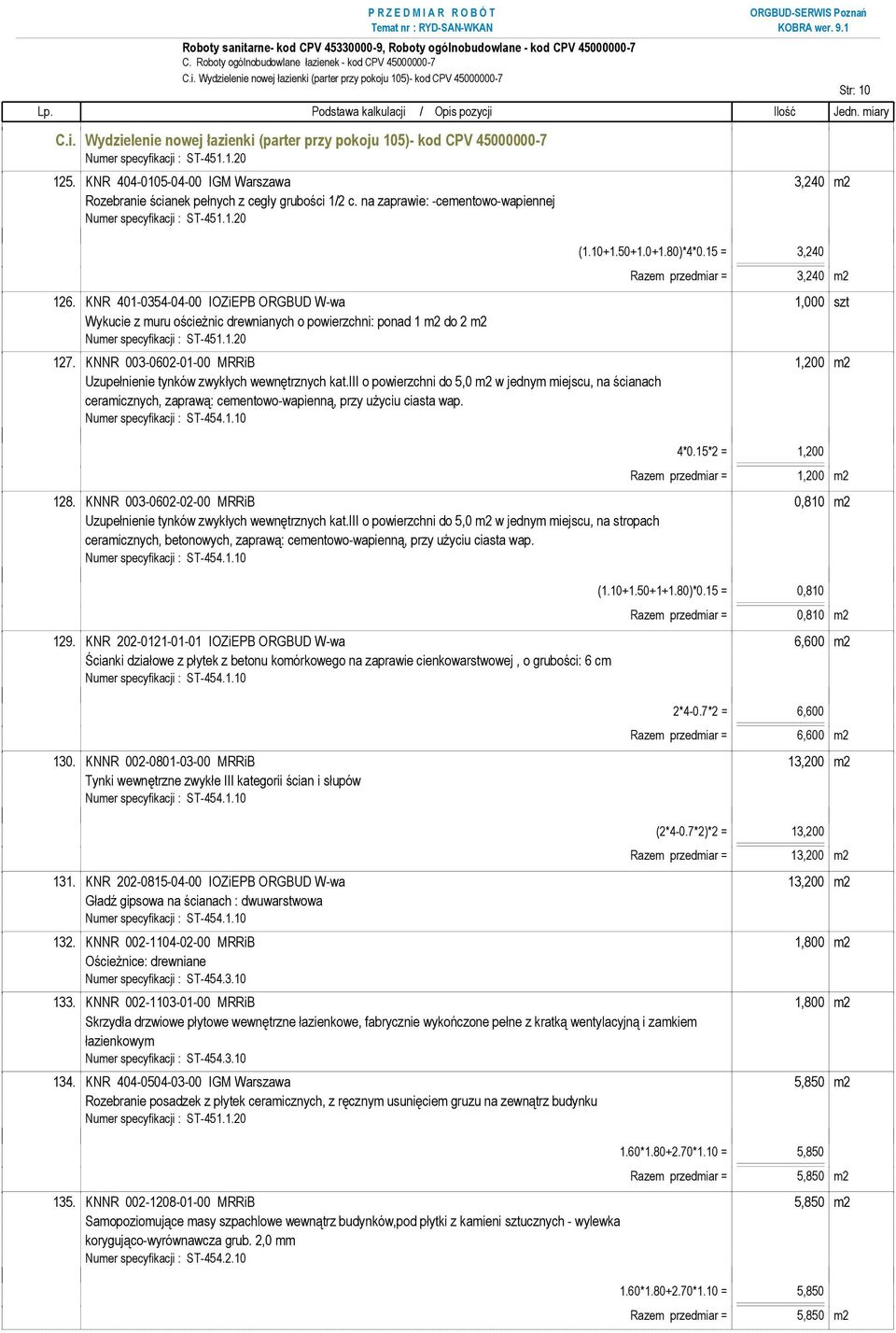 KNR 401-0354-04-00 IOZiEPB ORGBUD W-wa 1,000 szt Wykucie z muru ościeżnic drewnianych o powierzchni: ponad 1 m2 do 2 m2 127.