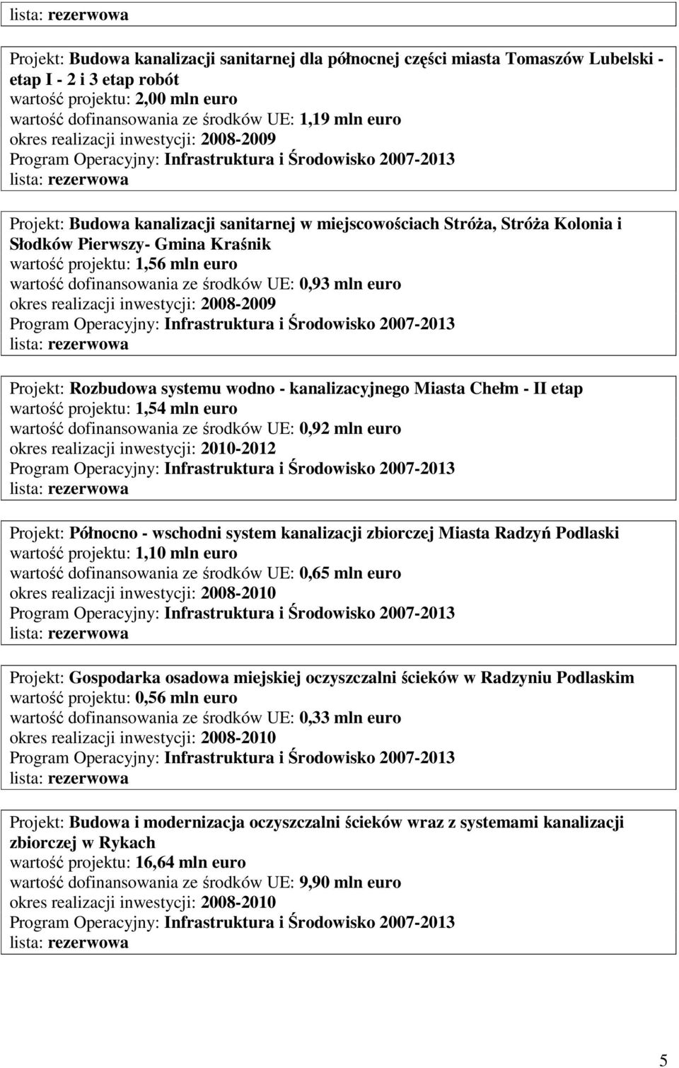 Projekt: Rozbudowa systemu wodno - kanalizacyjnego Miasta Chełm - II etap wartość projektu: 1,54 mln euro wartość dofinansowania ze środków UE: 0,92 mln euro okres realizacji inwestycji: 2010-2012