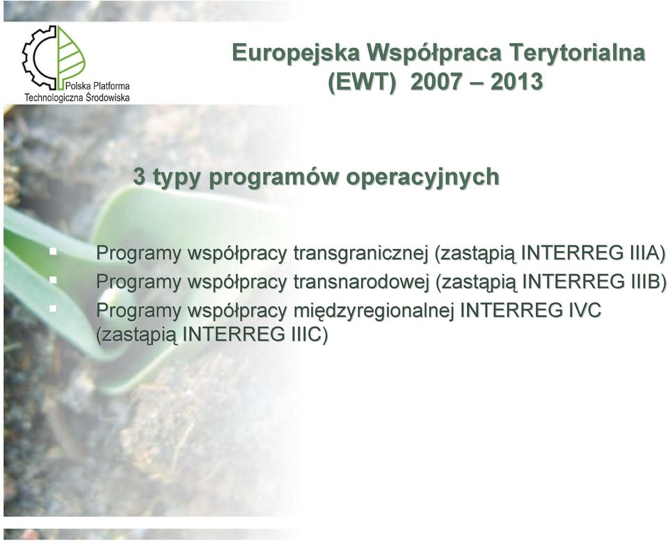 IIIA) Programy współpracy pracy transnarodowej (zastąpi pią INTERREG IIIB)