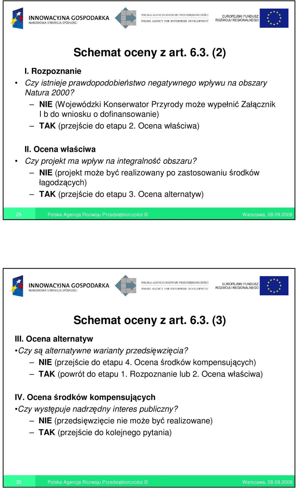 Ocena właściwa Czy projekt ma wpływ na integralność obszaru? NIE (projekt moŝe być realizowany po zastosowaniu środków łagodzących) TAK (przejście do etapu 3. Ocena alternatyw) 29 Schemat oceny z art.