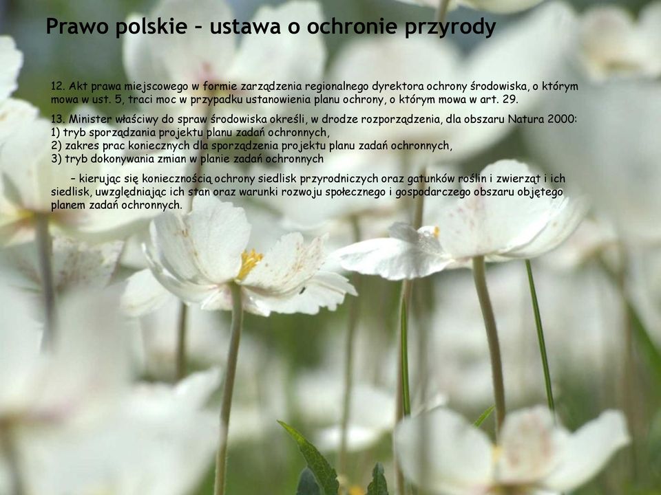 Minister właściwy do spraw środowiska określi, w drodze rozporządzenia, dla obszaru Natura 2000: 1) tryb sporządzania projektu planu zadań ochronnych, 2) zakres prac koniecznych dla