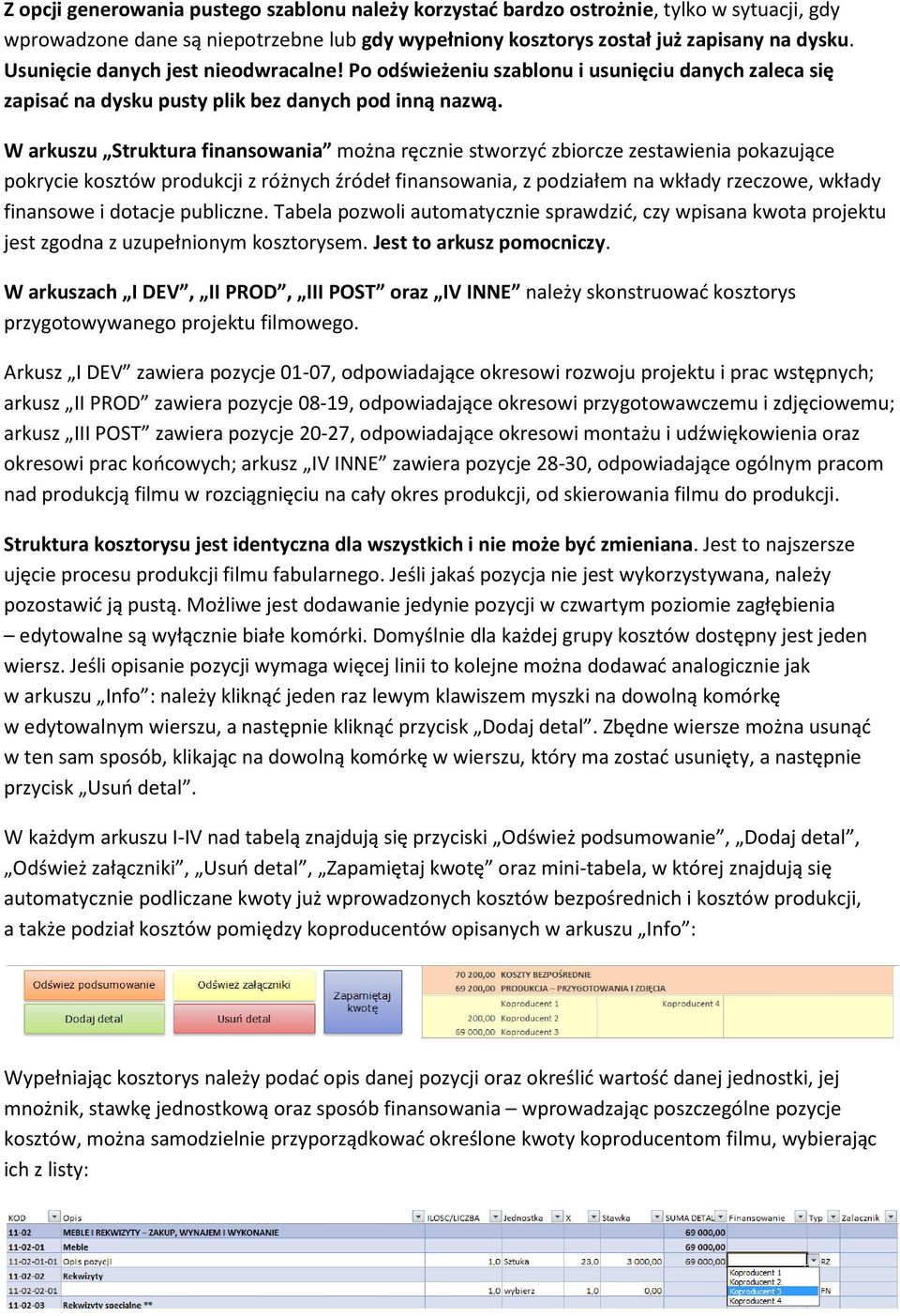 W arkuszu Struktura finansowania można ręcznie stworzyć zbiorcze zestawienia pokazujące pokrycie kosztów produkcji z różnych źródeł finansowania, z podziałem na wkłady rzeczowe, wkłady finansowe i