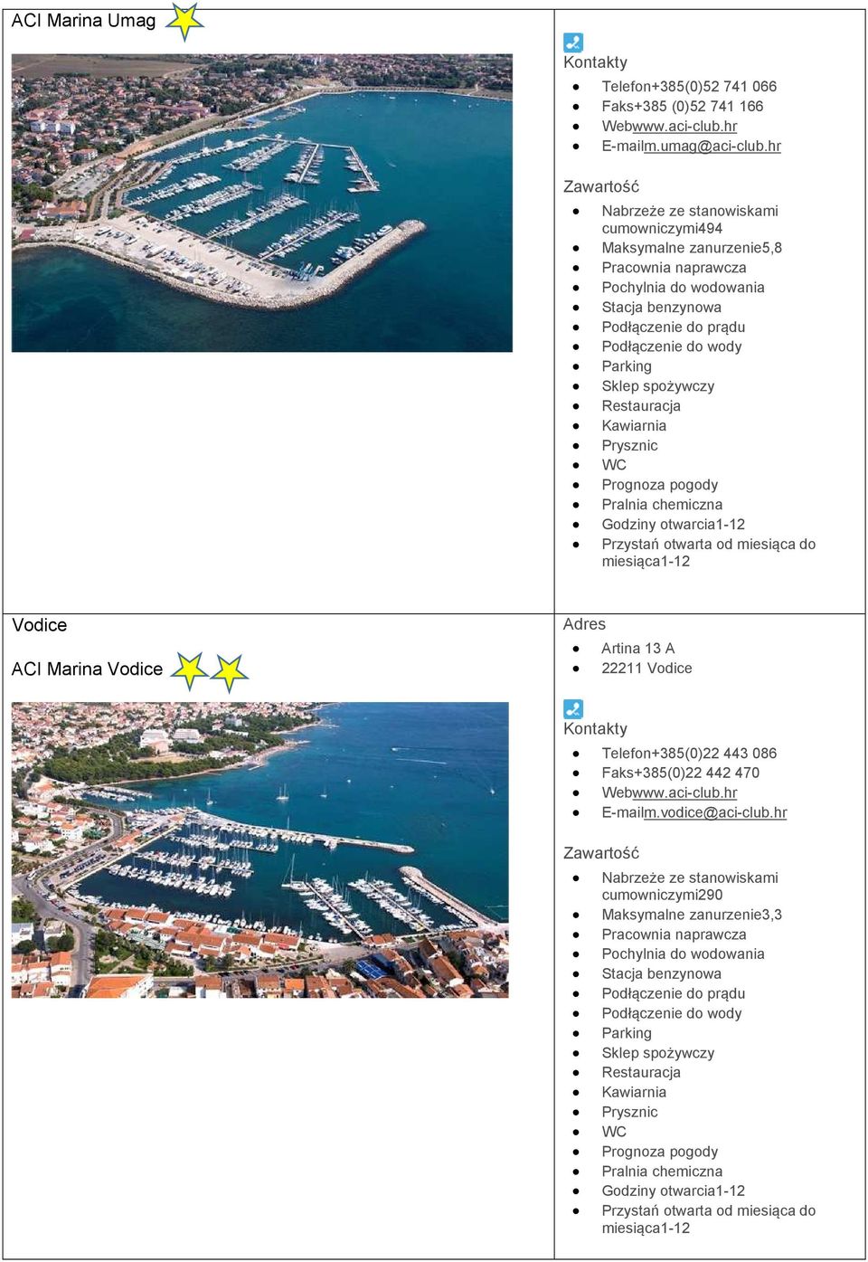 hr cumowniczymi494 Maksymalne zanurzenie5,8 Pochylnia do wodowania Vodice ACI Marina