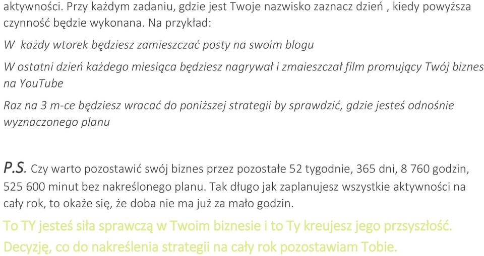 będziesz wracać do poniższej strategii by sprawdzić, gdzie jesteś odnośnie wyznaczonego planu P.S.