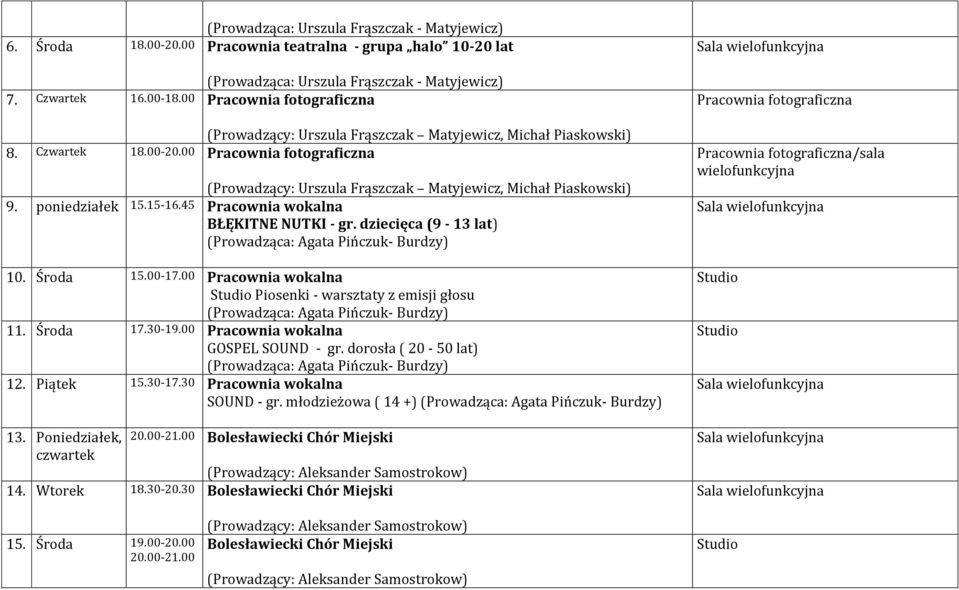 poniedziałek 15.15-16.45 Pracownia wokalna BŁĘKITNE NUTKI - gr. dziecięca (9-13 lat) (Prowadząca: Agata Pińczuk- Burdzy) 10. 15.00-17.