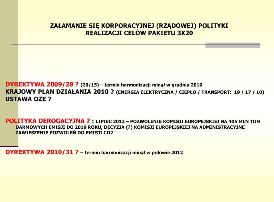 (ENERGIA ELEKTRYCZNA / CIEPŁO / TRANSPORT: 19 / 17 / 10) USTAWA OZE? POLITYKA DEROGACYJNA?