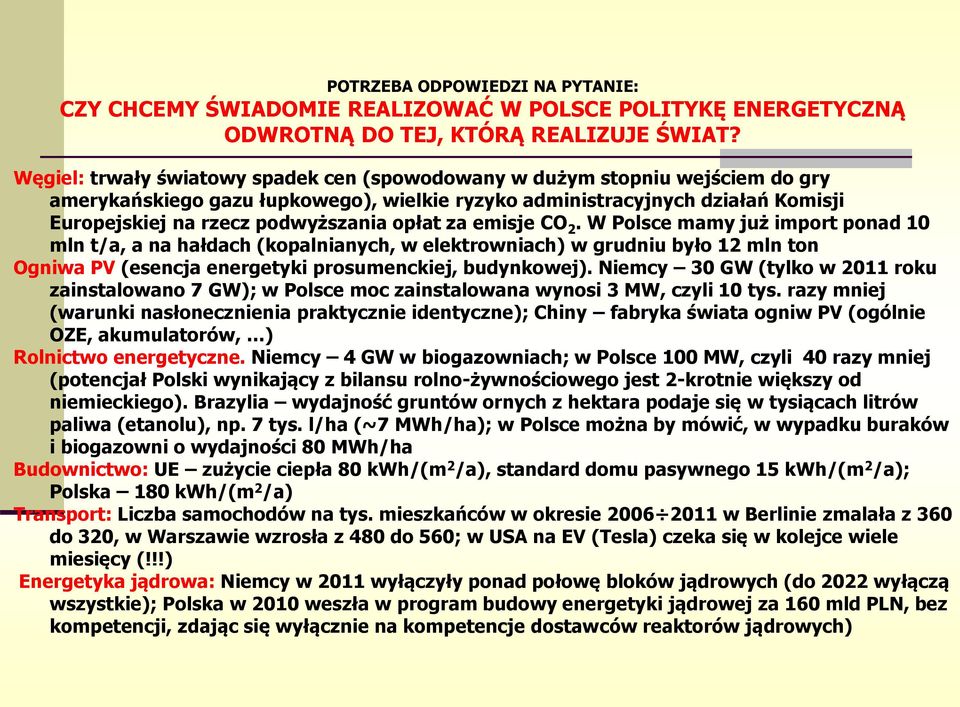 opłat za emisje CO 2. W Polsce mamy już import ponad 10 mln t/a, a na hałdach (kopalnianych, w elektrowniach) w grudniu było 12 mln ton Ogniwa PV (esencja energetyki prosumenckiej, budynkowej).