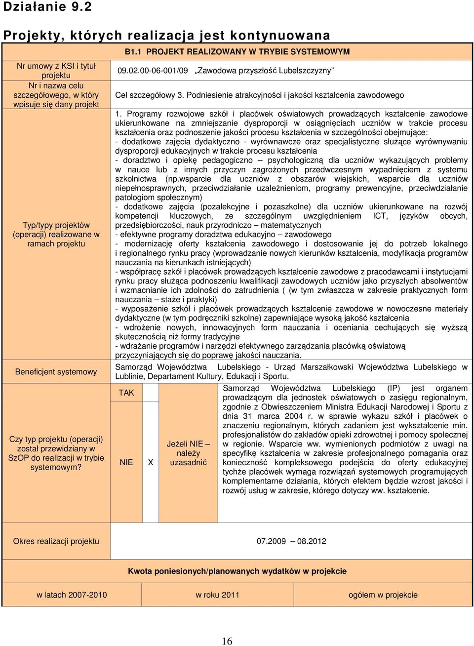 projektu Beneficjent systemowy Czy typ projektu (operacji) został przewidziany w SzOP do realizacji w trybie systemowym? B. PROJEKT REALIZOWANY W TRYBIE SYSTEMOWYM 09.02.