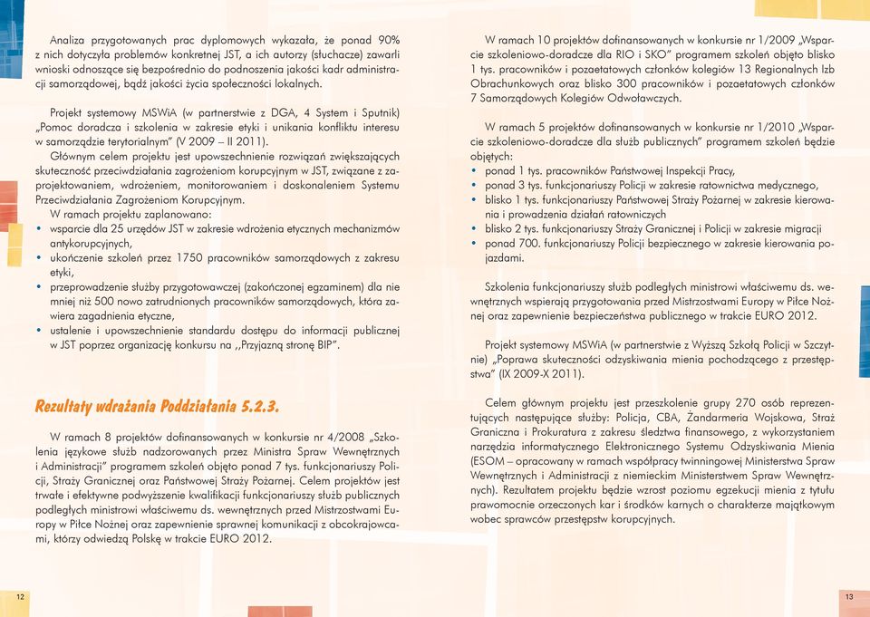 Projekt systemowy MSWiA (w partnerstwie z DGA, 4 System i Sputnik) Pomoc doradcza i szkolenia w zakresie etyki i unikania konfliktu interesu w samorządzie terytorialnym (V 2009 II 2011).