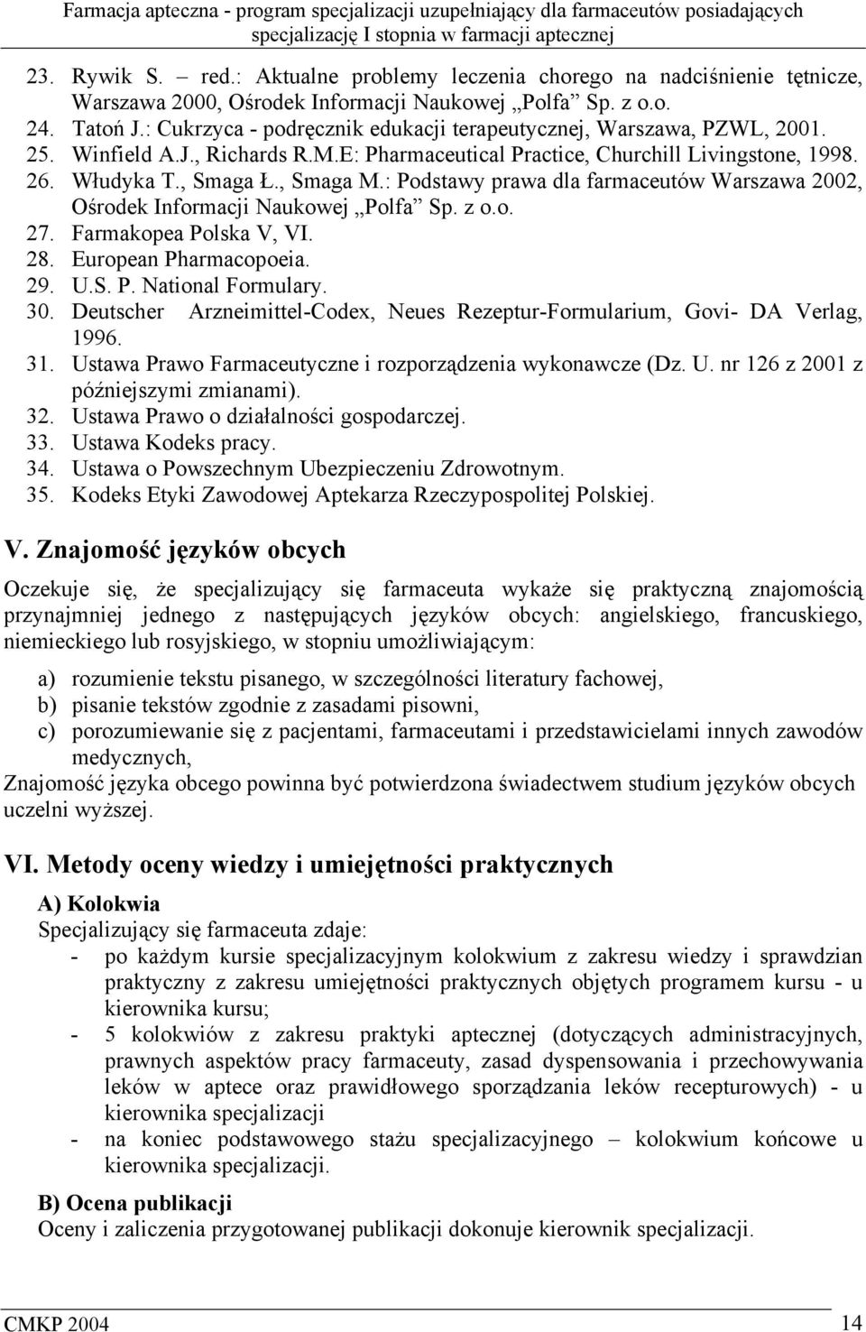 : Podstawy prawa dla farmaceutów Warszawa 2002, Ośrodek Informacji Naukowej Polfa Sp. z o.o. 27. Farmakopea Polska V, VI. 28. European Pharmacopoeia. 29. U.S. P. National Formulary. 30.