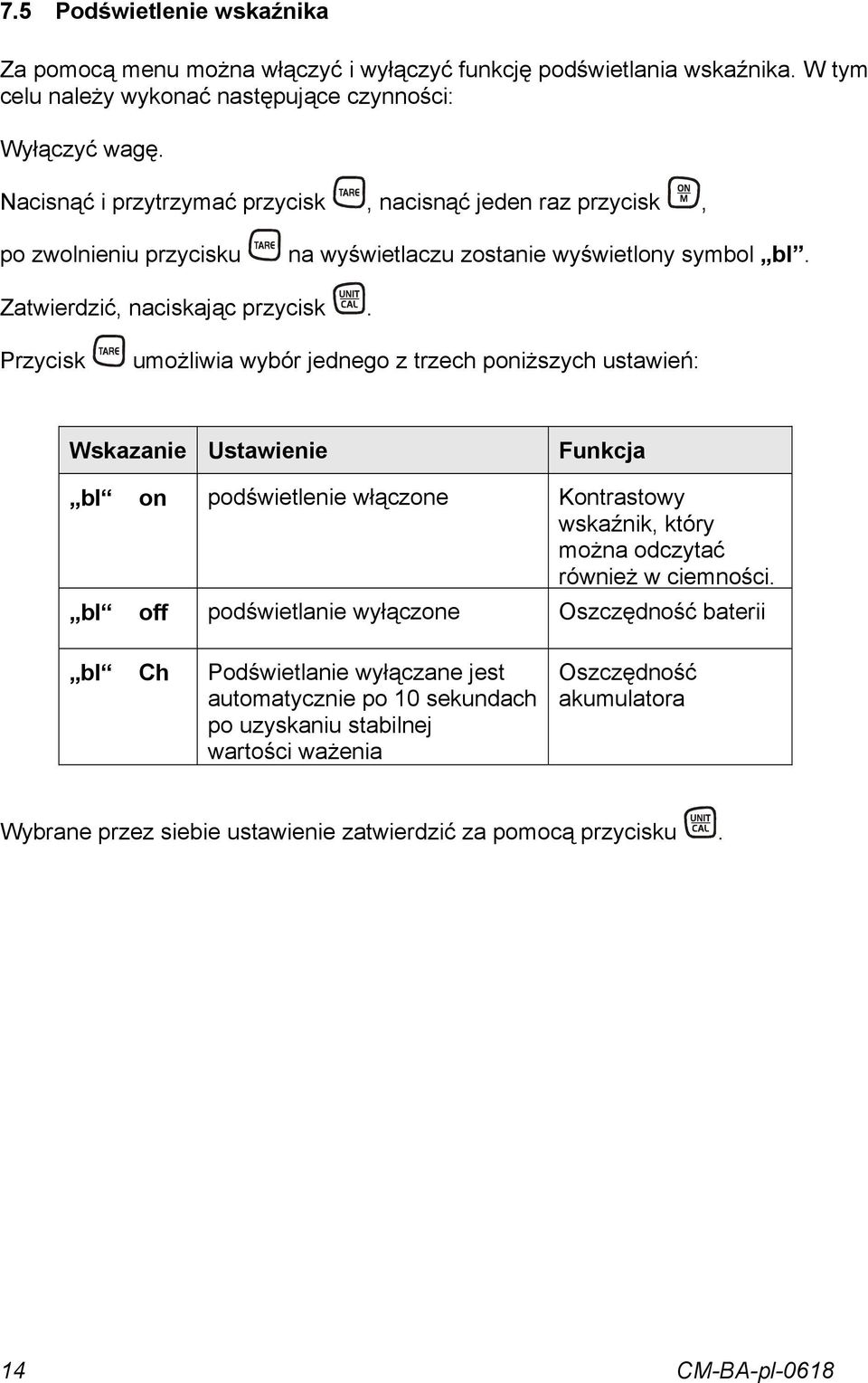 Przycisk umożliwia wybór jednego z trzech poniższych ustawień: Wskazanie Ustawienie Funkcja bl on podświetlenie włączone Kontrastowy wskaźnik, który można odczytać również w ciemności.