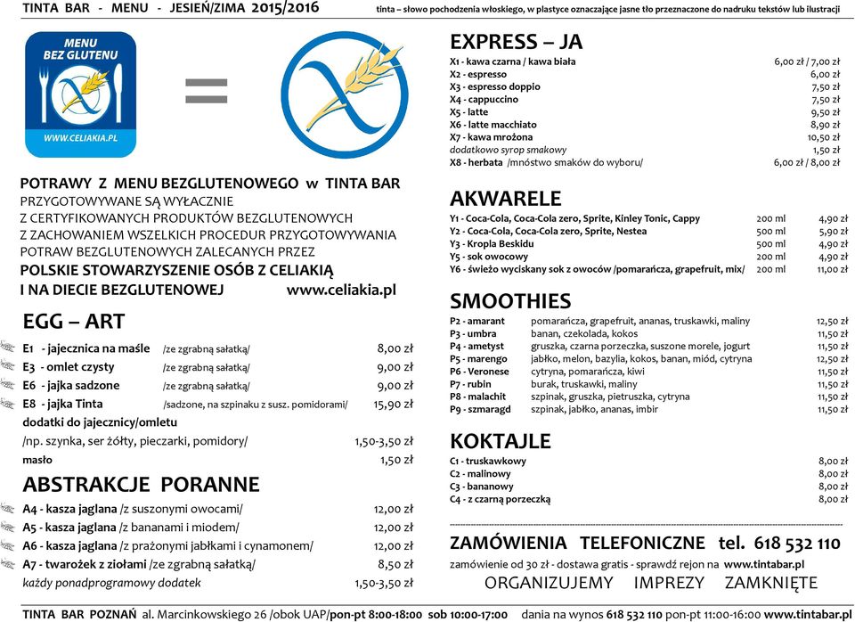 szynka, ser żółty, pieczarki, pomidory/ masło ABSTRAKCJE PORANNE A4 - kasza jaglana /z suszonymi owocami/ A5 - kasza jaglana /z bananami i miodem/ A6 - kasza jaglana /z prażonymi jabłkami i