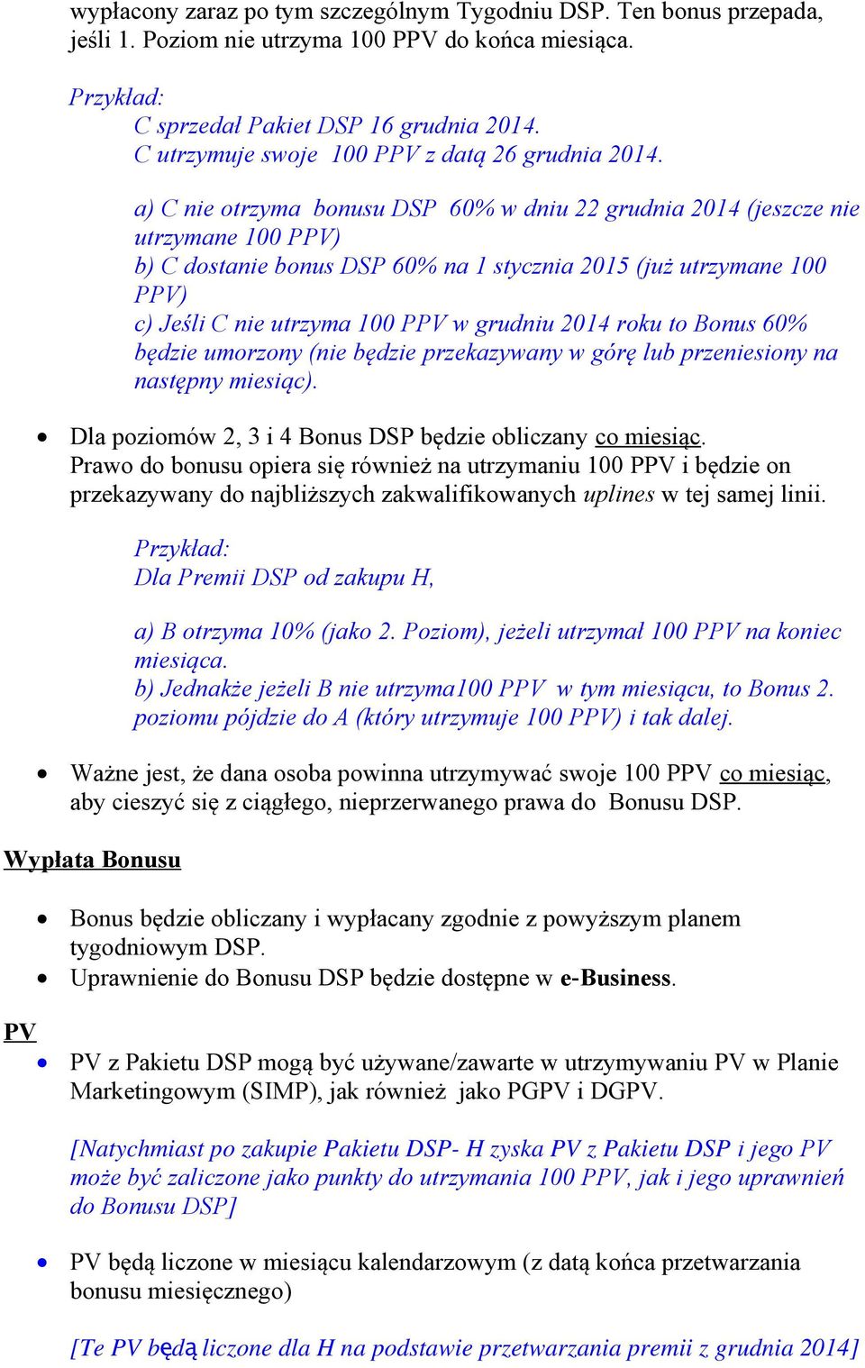 a) C nie otrzyma bonusu 60% w dniu 22 grudnia 2014 (jeszcze nie utrzymane 100 PPV) b) C dostanie bonus 60% na 1 stycznia 2015 (już utrzymane 100 PPV) c) Jeśli C nie utrzyma 100 PPV w grudniu 2014
