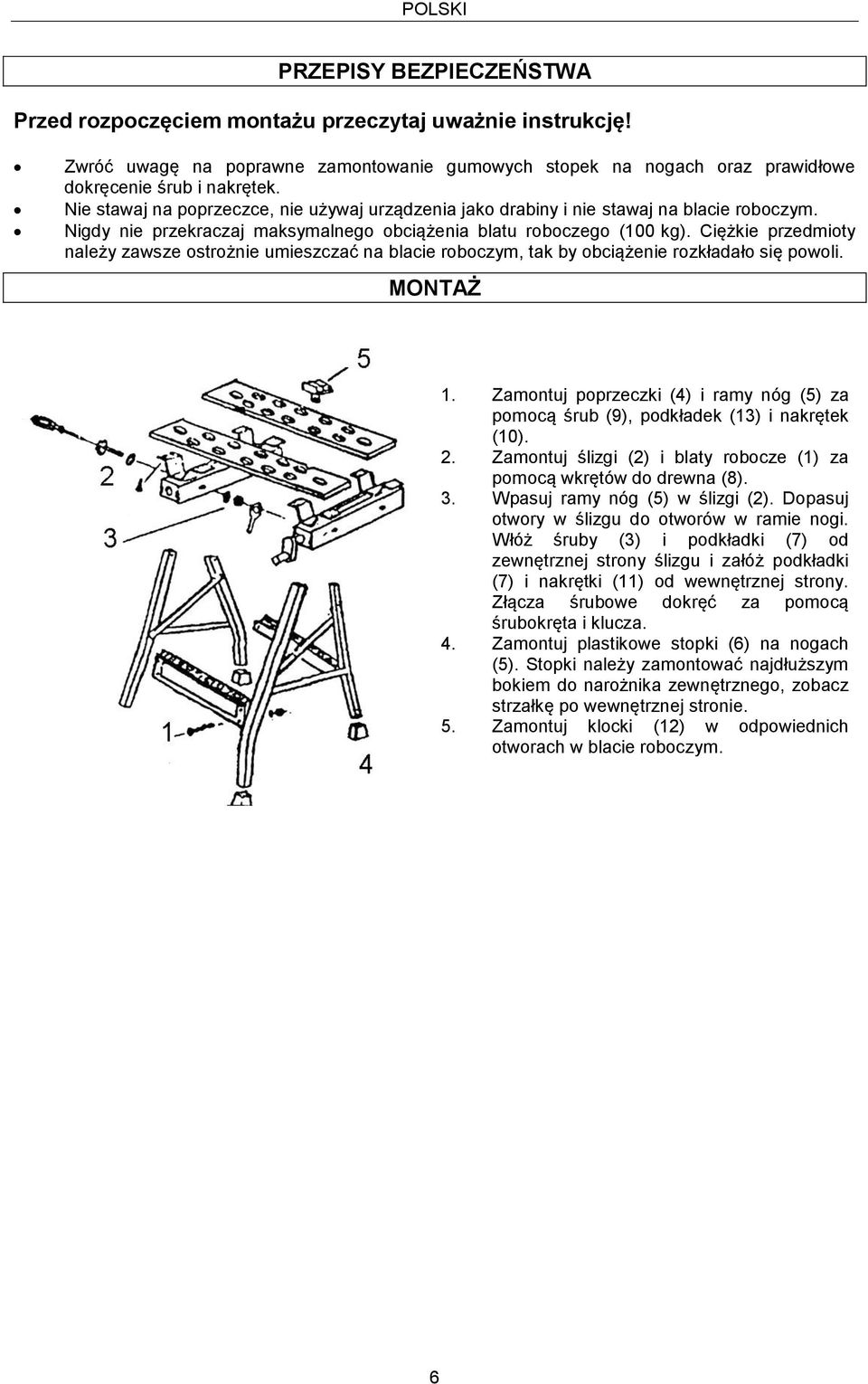 Nigdy nie przekraczaj maksymalnego obciążenia blatu roboczego (100 kg). Ciężkie przedmioty należy zawsze ostrożnie umieszczać na blacie roboczym, tak by obciążenie rozkładało się powoli. MONTAŻ 1.