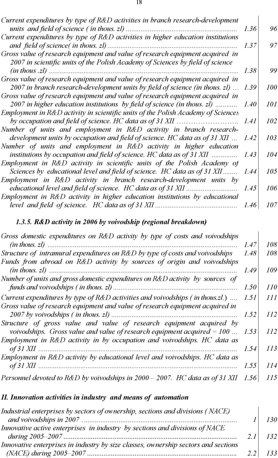 37 97 Gross value of research equipment and value of research equipment acquired in 2007 in scientific units of the Polish Academy of Sciences by field of science (in thous.zl)... 1.