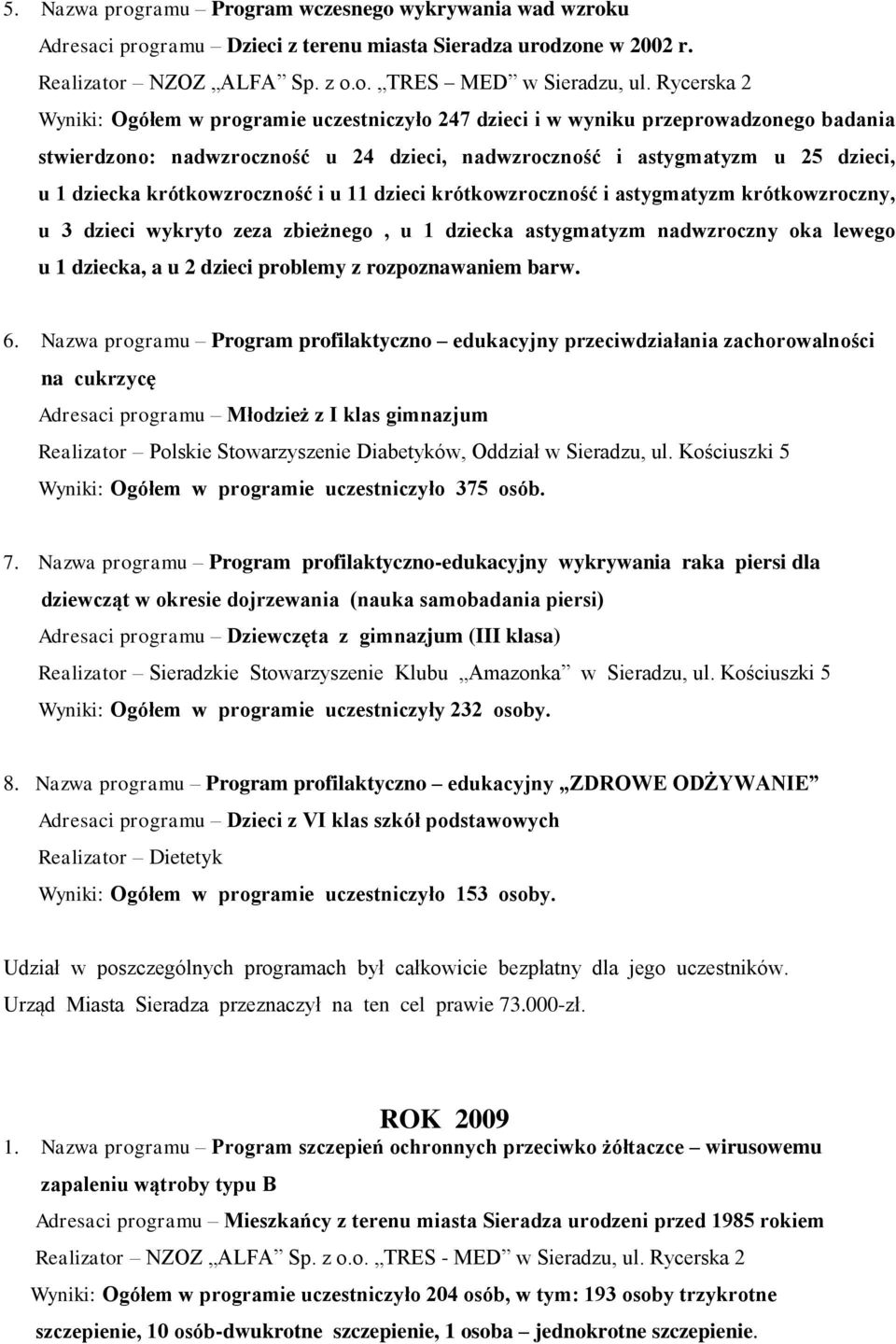 krótkowzroczność i u 11 dzieci krótkowzroczność i astygmatyzm krótkowzroczny, u 3 dzieci wykryto zeza zbieżnego, u 1 dziecka astygmatyzm nadwzroczny oka lewego u 1 dziecka, a u 2 dzieci problemy z