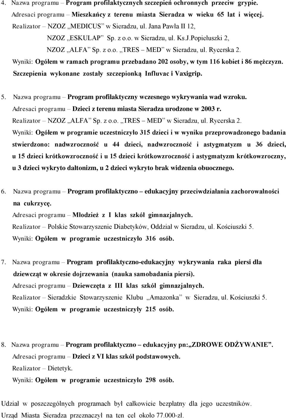 Wyniki: Ogółem w ramach programu przebadano 202 osoby, w tym 116 kobiet i 86 mężczyzn. Szczepienia wykonane zostały szczepionką Influvac i Vaxigrip. 5.