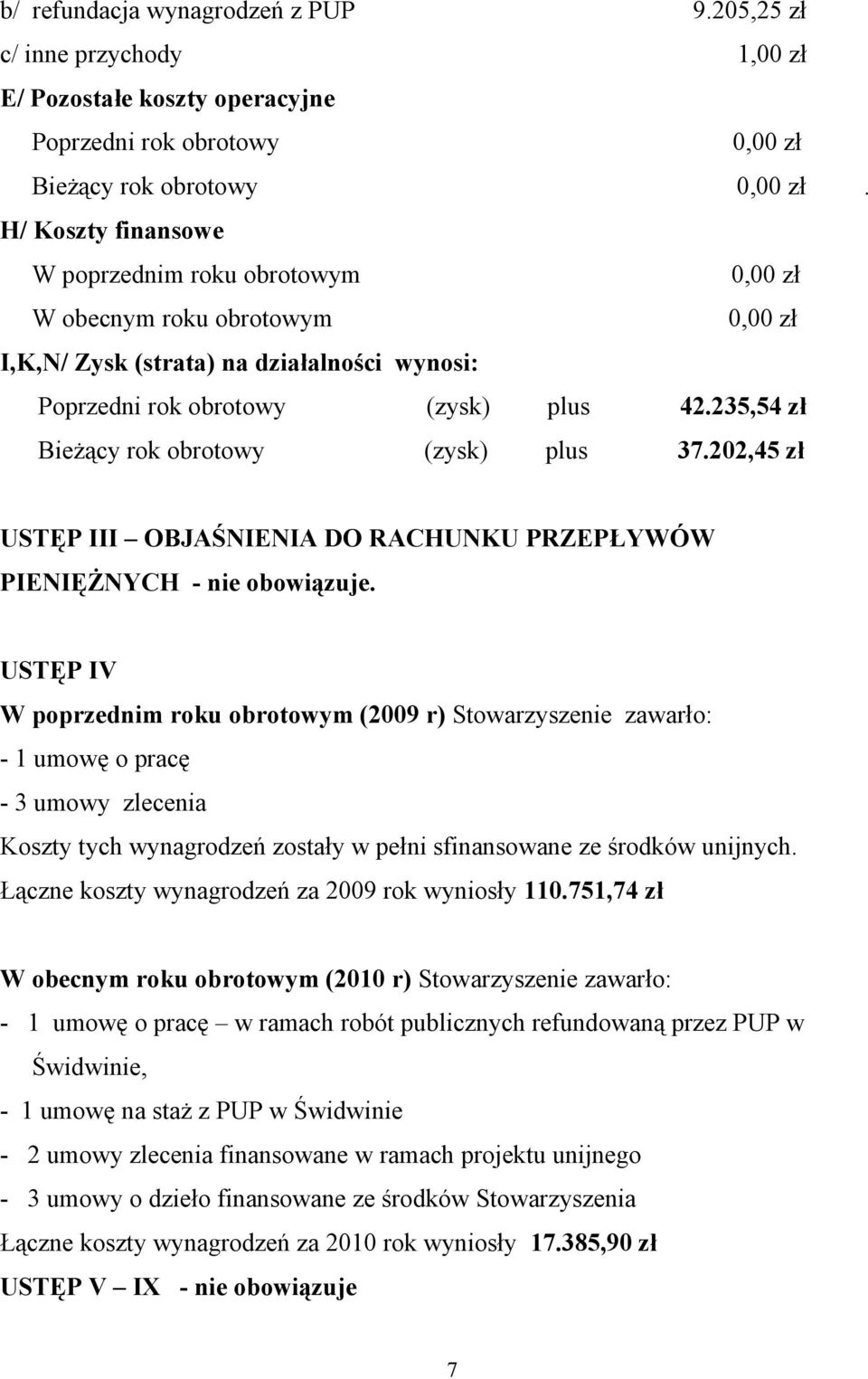 235,54 zł Bieżący rok obrotowy (zysk) plus 37.202,45 zł USTĘP III OBJAŚNIENIA DO RACHUNKU PRZEPŁYWÓW PIENIĘŻNYCH - nie obowiązuje.