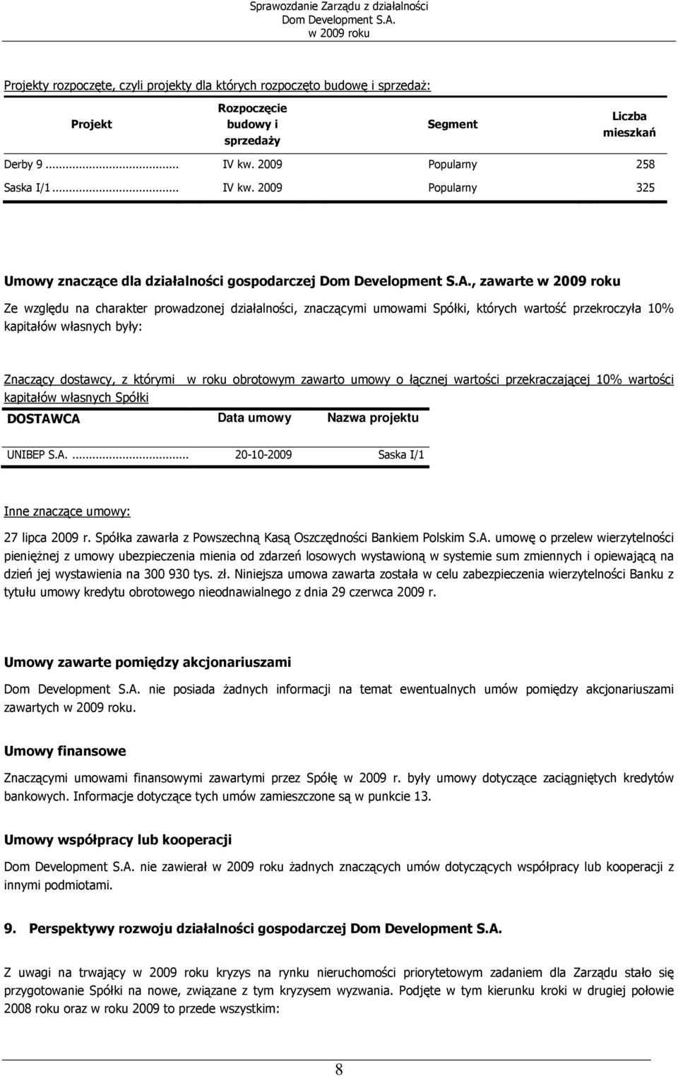 2009 Popularny 325 Umowy znaczące dla działalności gospodarczej, zawarte Ze względu na charakter prowadzonej działalności, znaczącymi umowami Spółki, których wartość przekroczyła 10% kapitałów