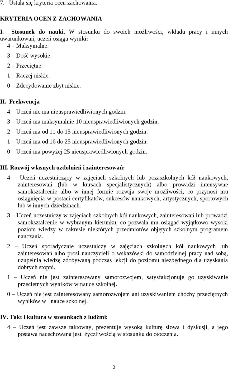 2 Uczeń ma od 11 do 15 nieusprawiedliwionych godzin. 1 Uczeń ma od 16 do 25 nieusprawiedliwionych godzin. 0 Uczeń ma powyżej 25 nieusprawiedliwionych godzin. III.